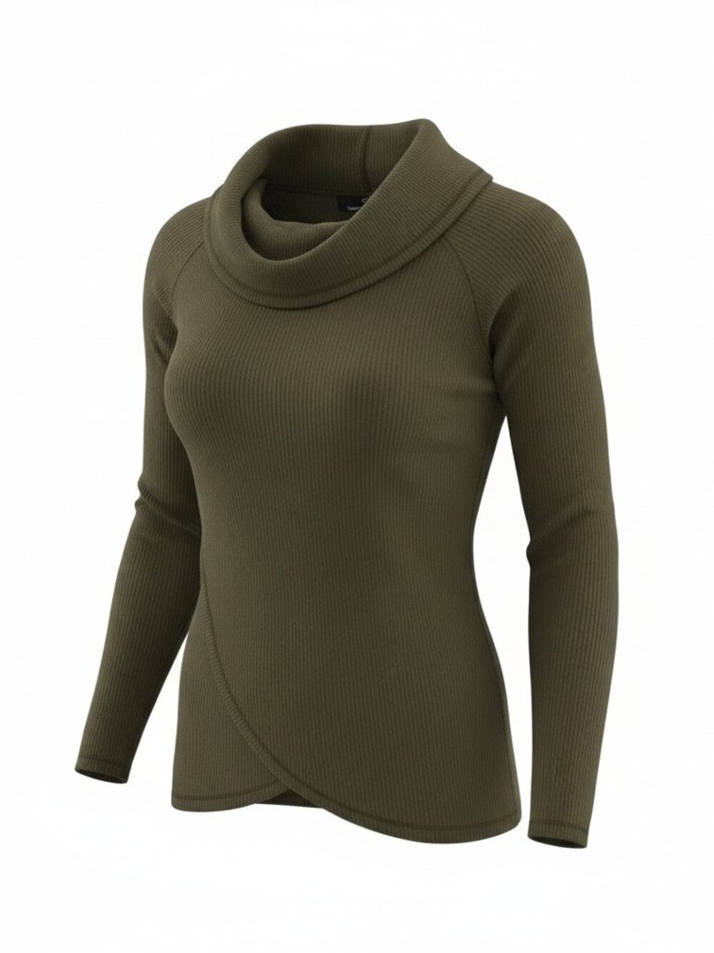 Suzanne Betro Olive Green Waffle Knit Cowl Neck Tunic with Crossover Hem‎